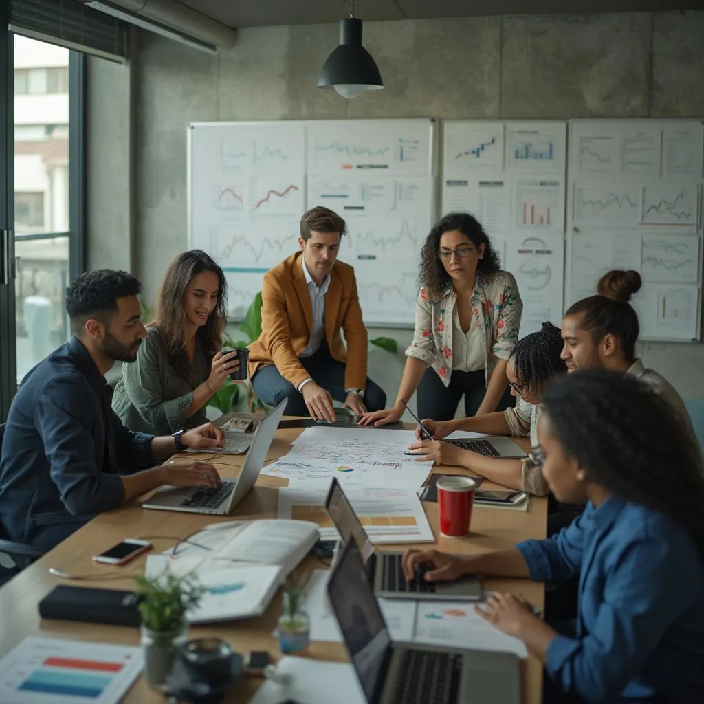 Equipo de consultores financieros discutiendo estrategias en una oficina moderna en Colombia